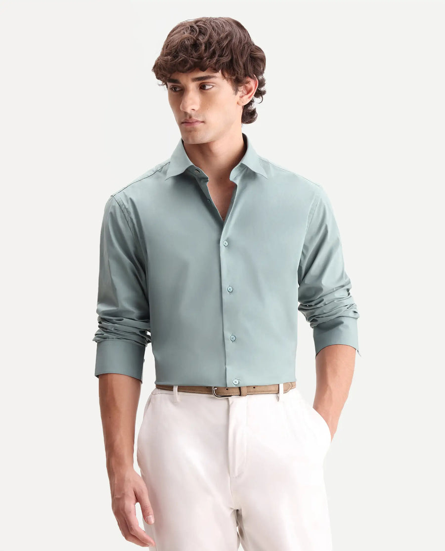 Rare Rabbit Men's Zidan Dusky Teal Cotton Blend Fabric Full Sleeve Spread Collar Button Regular Plain Shirt