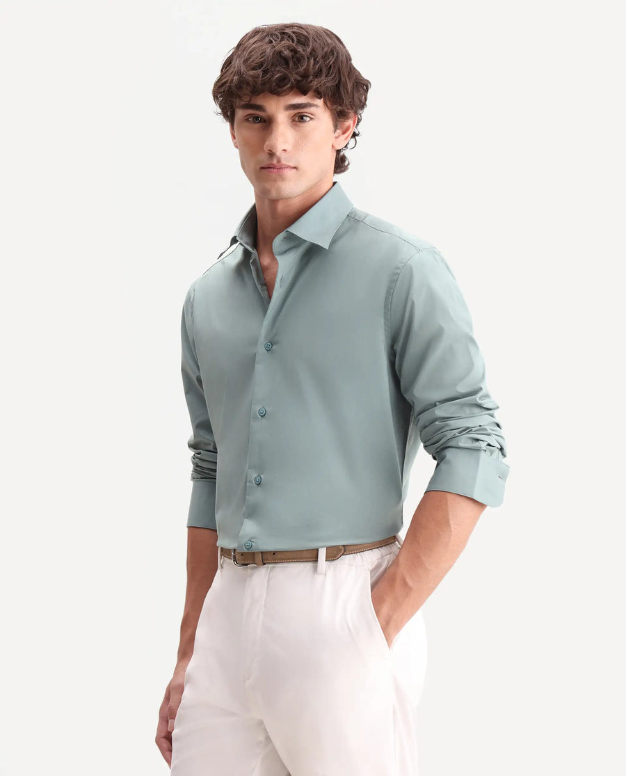 Rare Rabbit Men's Zidan Dusky Teal Cotton Blend Fabric Full Sleeve Spread Collar Button Regular Plain Shirt