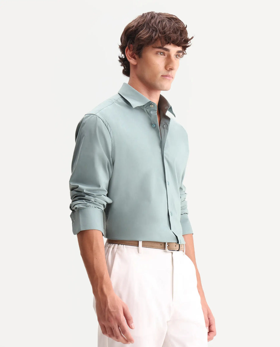 Rare Rabbit Men's Zidan Dusky Teal Cotton Blend Fabric Full Sleeve Spread Collar Button Regular Plain Shirt