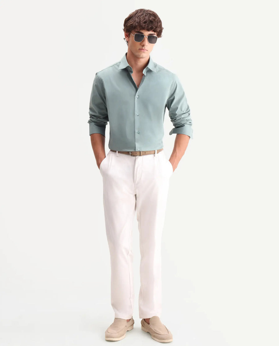 Rare Rabbit Men's Zidan Dusky Teal Cotton Blend Fabric Full Sleeve Spread Collar Button Regular Plain Shirt