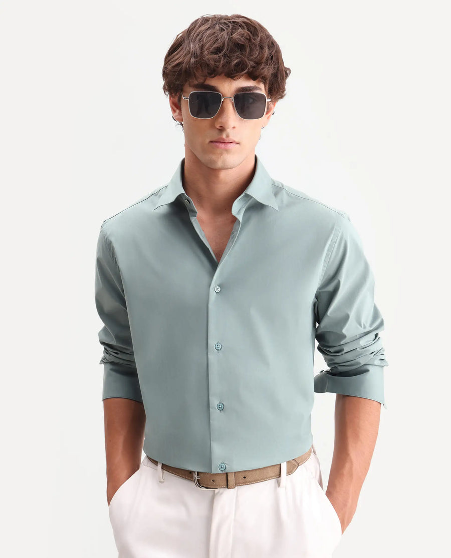 Rare Rabbit Men's Zidan Dusky Teal Cotton Blend Fabric Full Sleeve Spread Collar Button Regular Plain Shirt