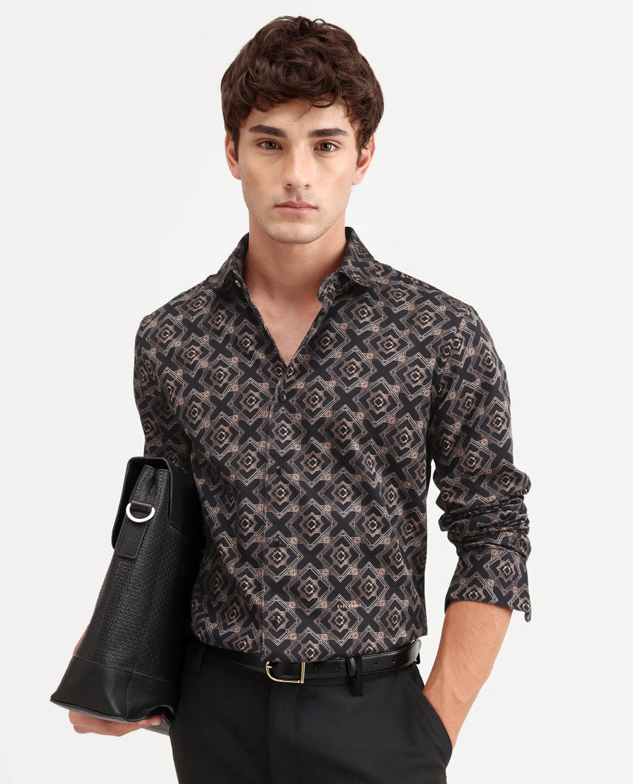 Rare Rabbit Men's Lacy Black Cotton Fabric Full Sleeve Spread Collar Button Regular Fit Geometric Print Shirt