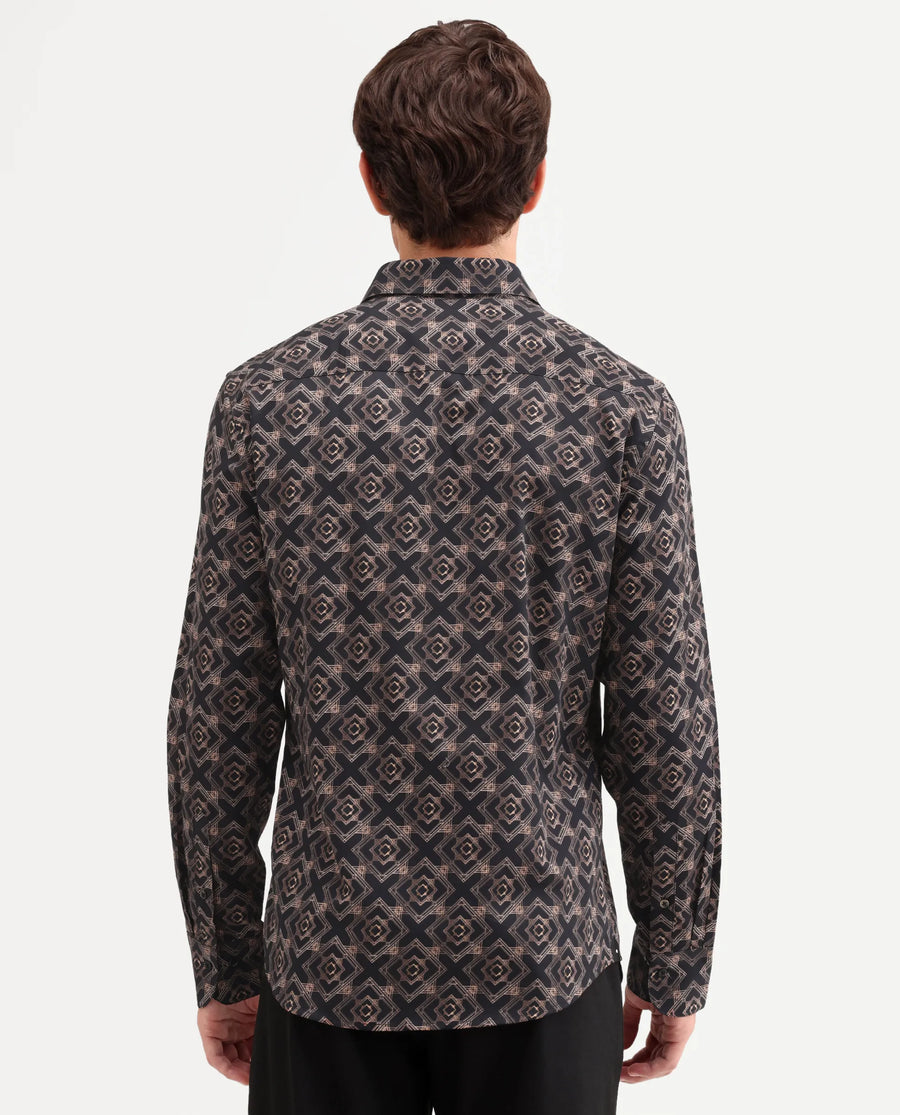 Rare Rabbit Men's Lacy Black Cotton Fabric Full Sleeve Spread Collar Button Regular Fit Geometric Print Shirt