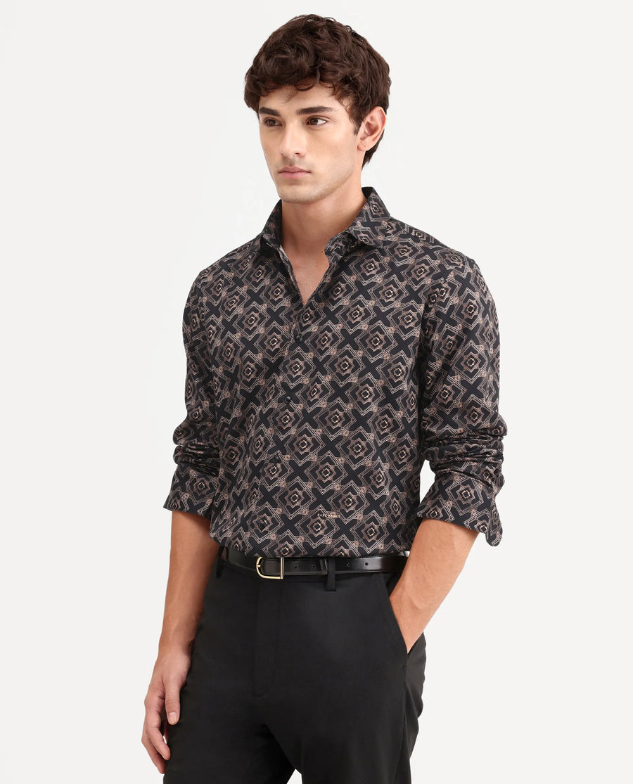 Rare Rabbit Men's Lacy Black Cotton Fabric Full Sleeve Spread Collar Button Regular Fit Geometric Print Shirt