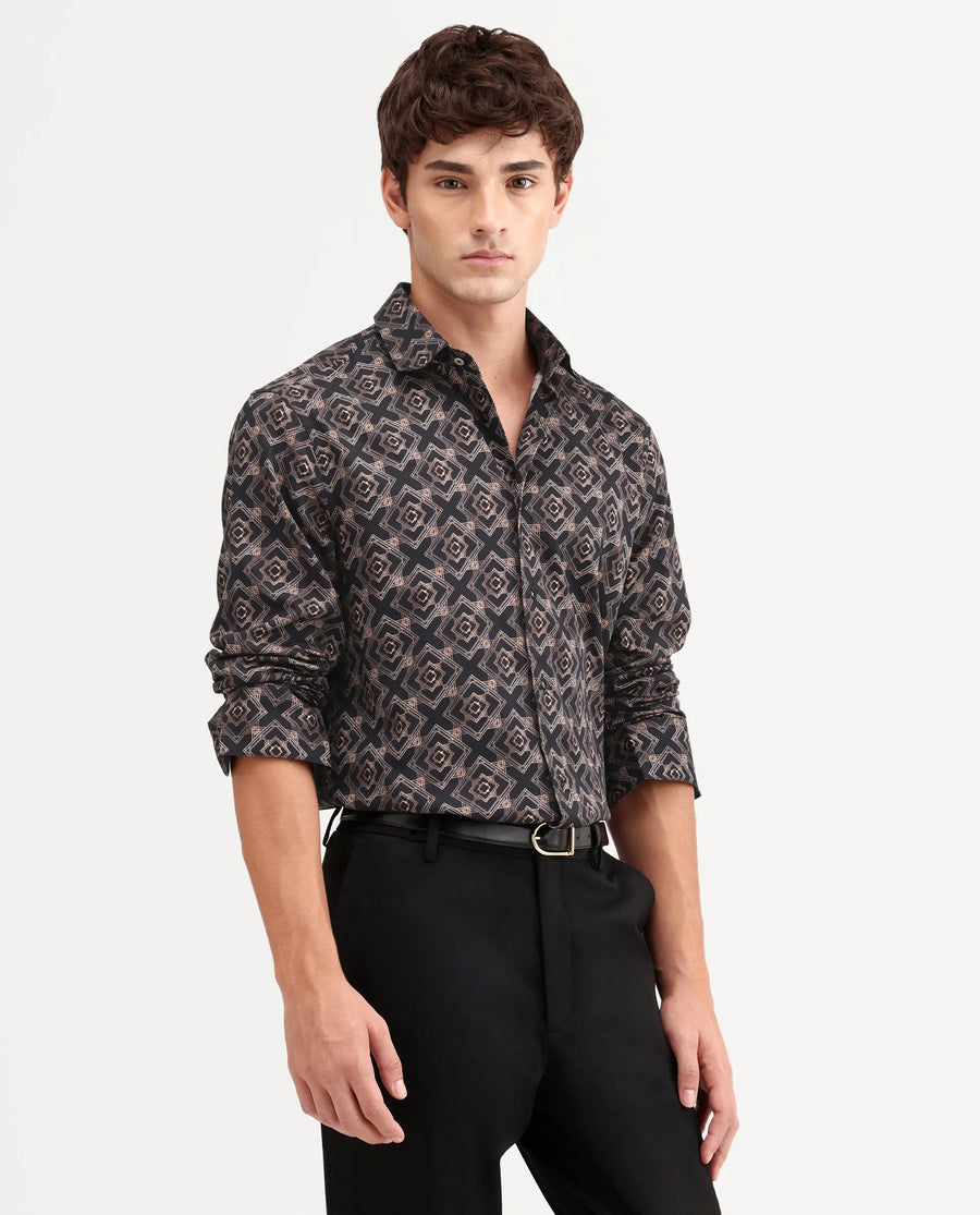 Rare Rabbit Men's Lacy Black Cotton Fabric Full Sleeve Spread Collar Button Regular Fit Geometric Print Shirt