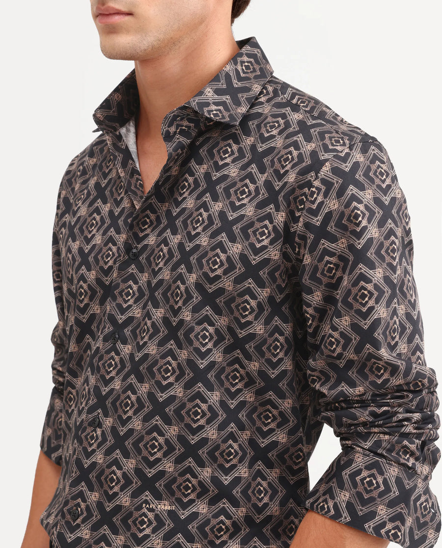 Rare Rabbit Men's Lacy Black Cotton Fabric Full Sleeve Spread Collar Button Regular Fit Geometric Print Shirt
