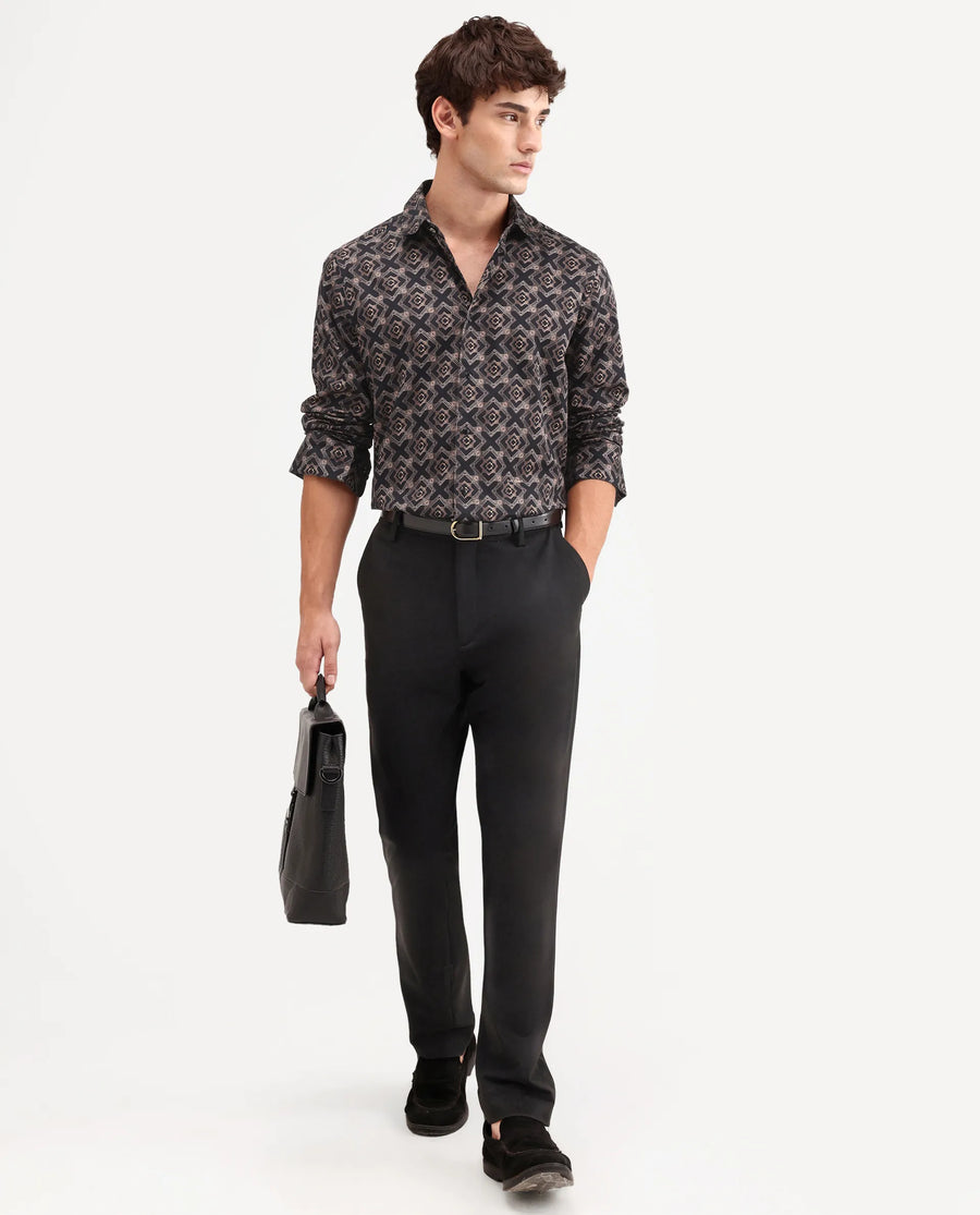 Rare Rabbit Men's Lacy Black Cotton Fabric Full Sleeve Spread Collar Button Regular Fit Geometric Print Shirt