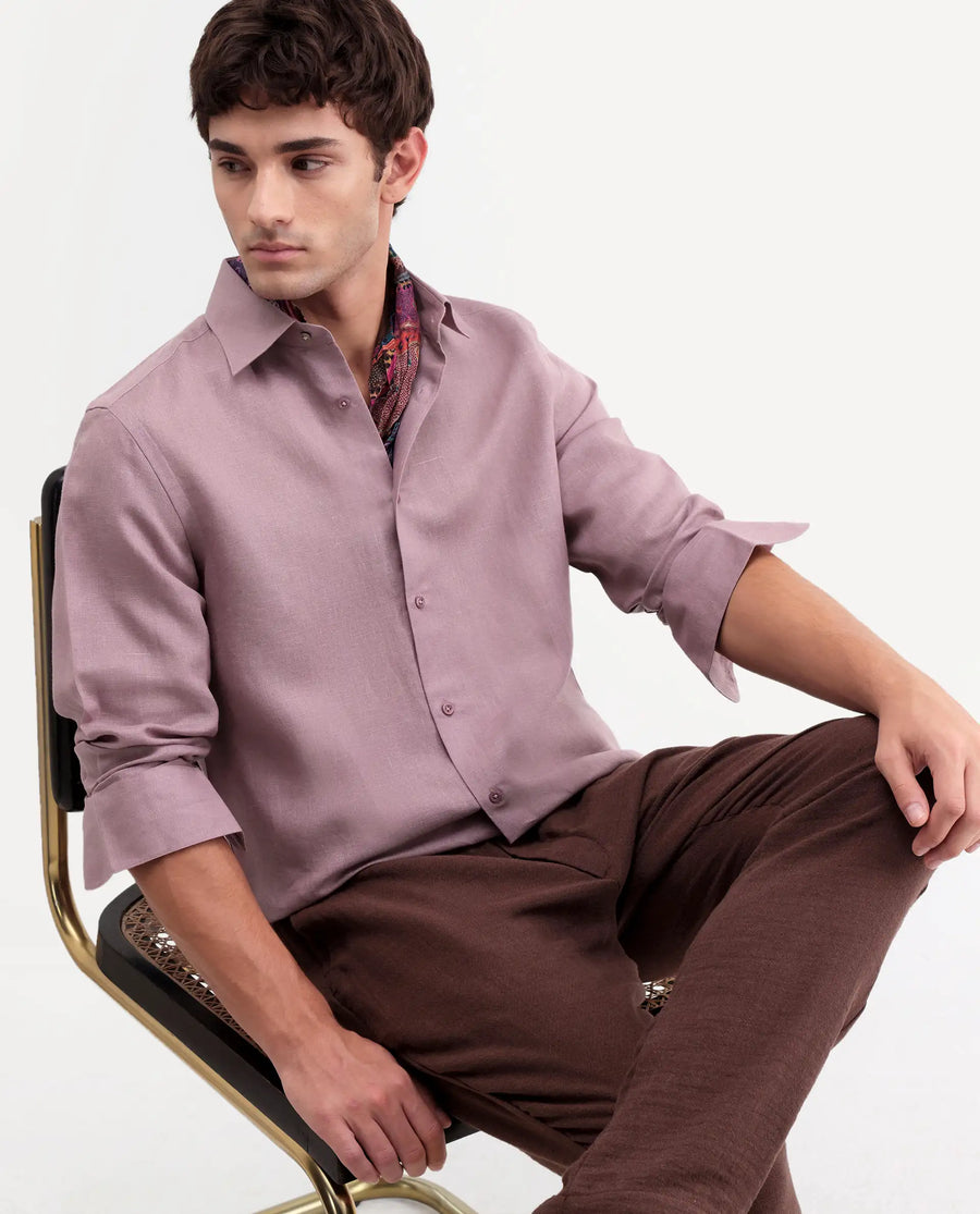 Rare Rabbit Men's Aeri-Fs Dusky Pink Linen Blend Fabric Full Sleeve Spread Collar Button Regular Plain Shirt