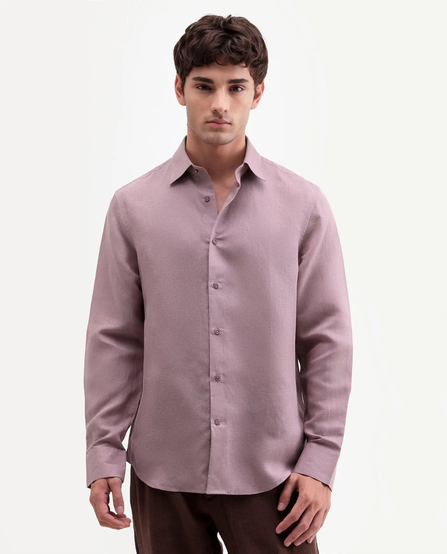 Rare Rabbit Men's Aeri-Fs Dusky Pink Linen Blend Fabric Full Sleeve Spread Collar Button Regular Plain Shirt