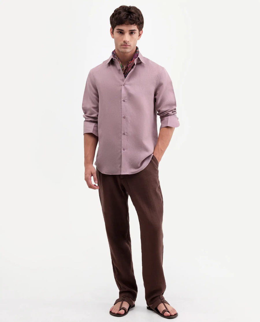 Rare Rabbit Men's Aeri-Fs Dusky Pink Linen Blend Fabric Full Sleeve Spread Collar Button Regular Plain Shirt