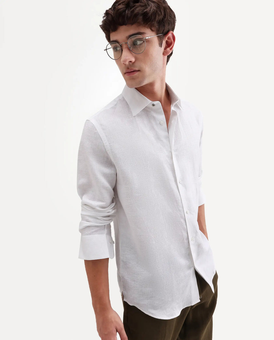 Rare Rabbit Men's Aeri-Fs White Linen Blend Fabric Full Sleeve Spread Collar Button Regular Plain Shirt