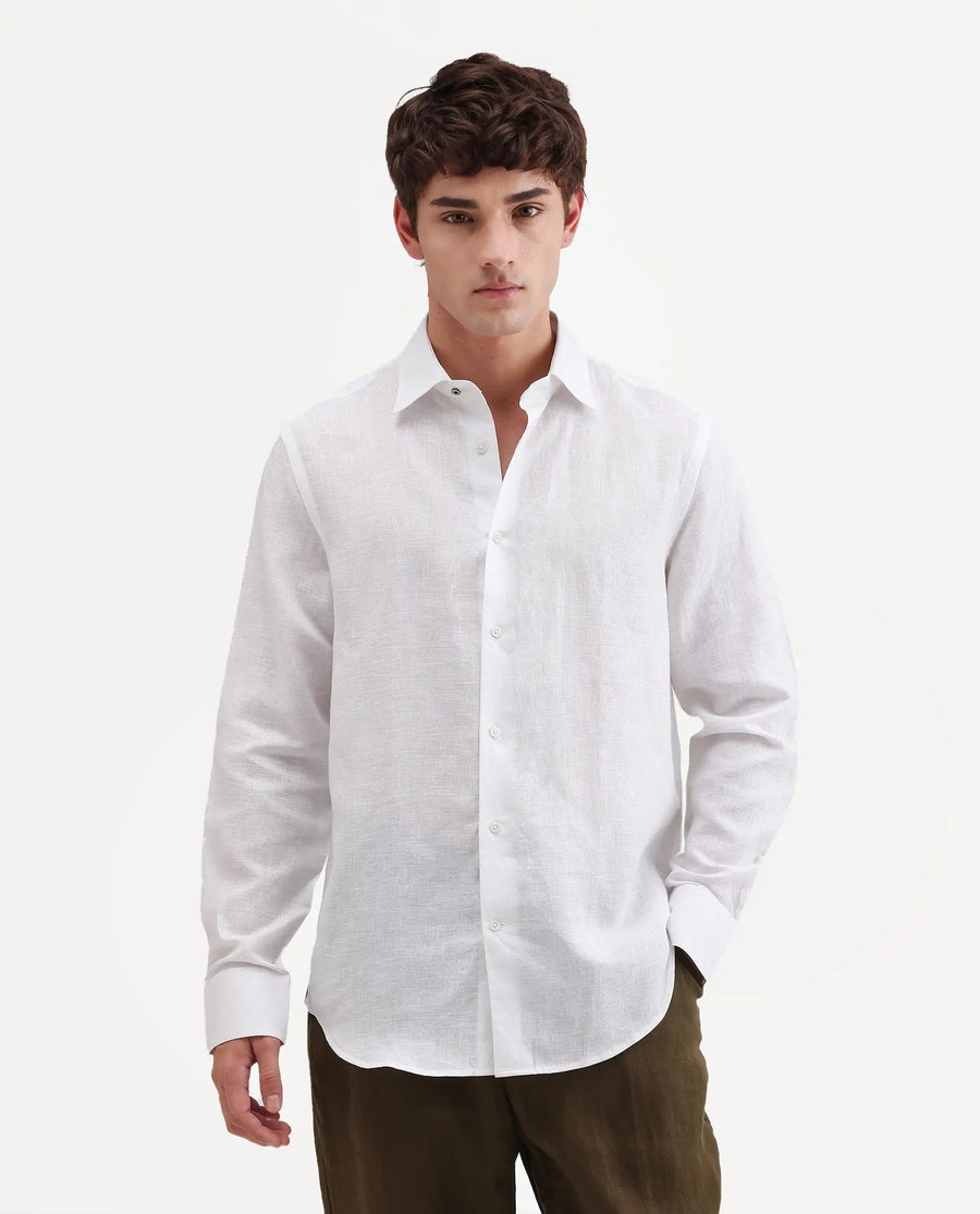 Rare Rabbit Men's Aeri-Fs White Linen Blend Fabric Full Sleeve Spread Collar Button Regular Plain Shirt