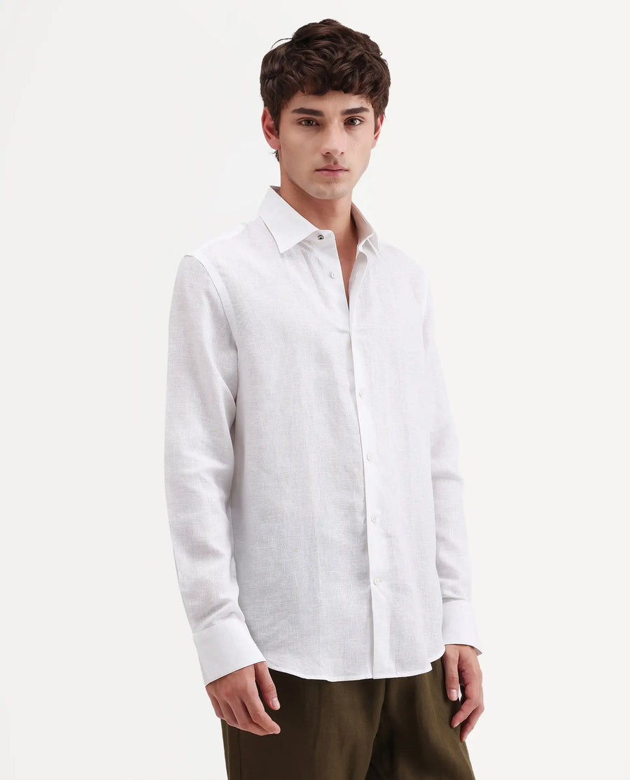 Rare Rabbit Men's Aeri-Fs White Linen Blend Fabric Full Sleeve Spread Collar Button Regular Plain Shirt