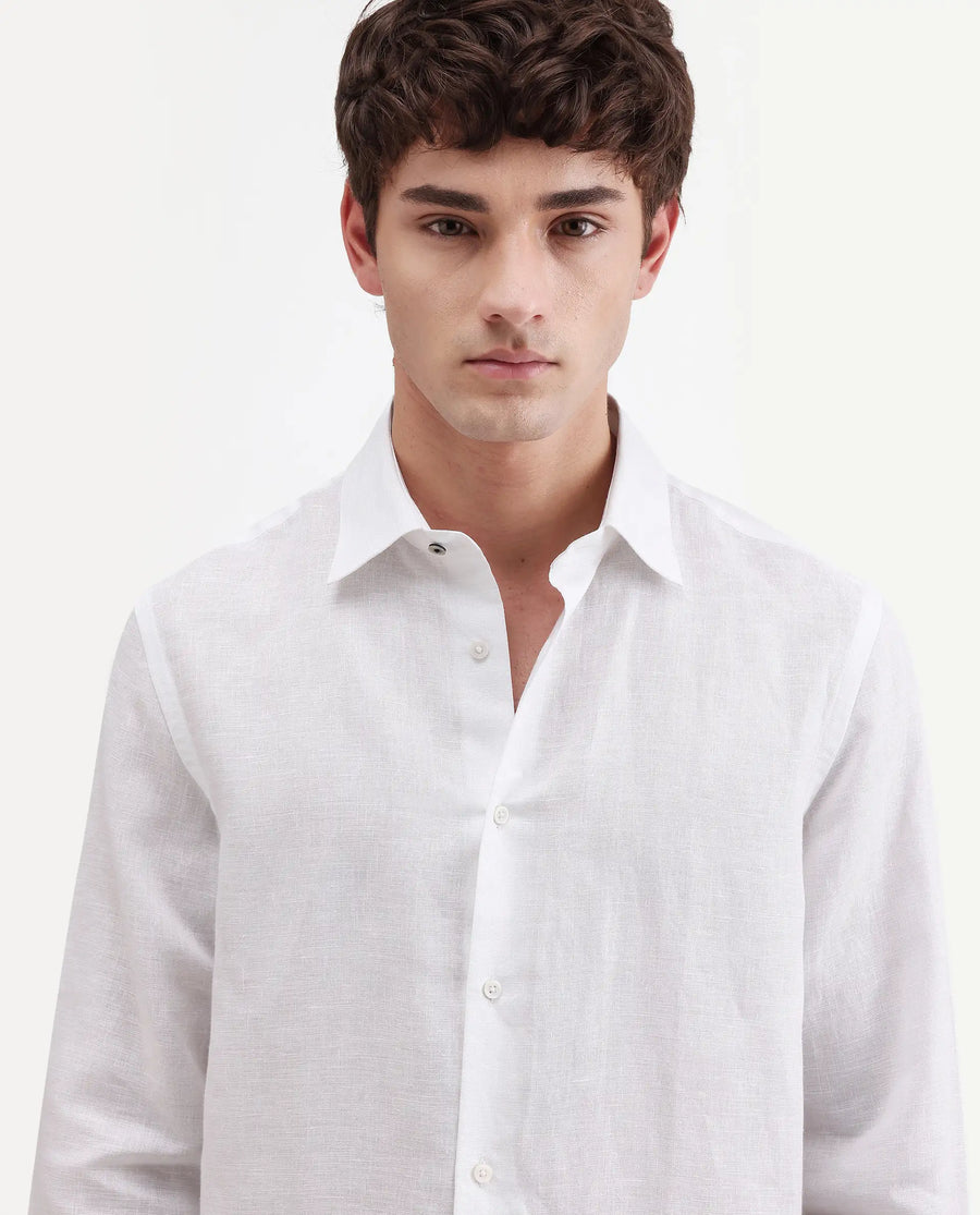 Rare Rabbit Men's Aeri-Fs White Linen Blend Fabric Full Sleeve Spread Collar Button Regular Plain Shirt