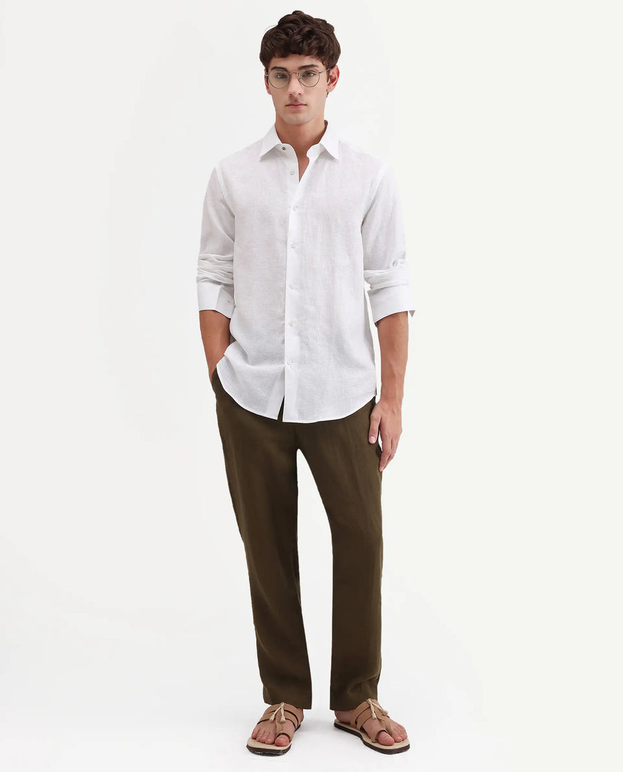 Rare Rabbit Men's Aeri-Fs White Linen Blend Fabric Full Sleeve Spread Collar Button Regular Plain Shirt