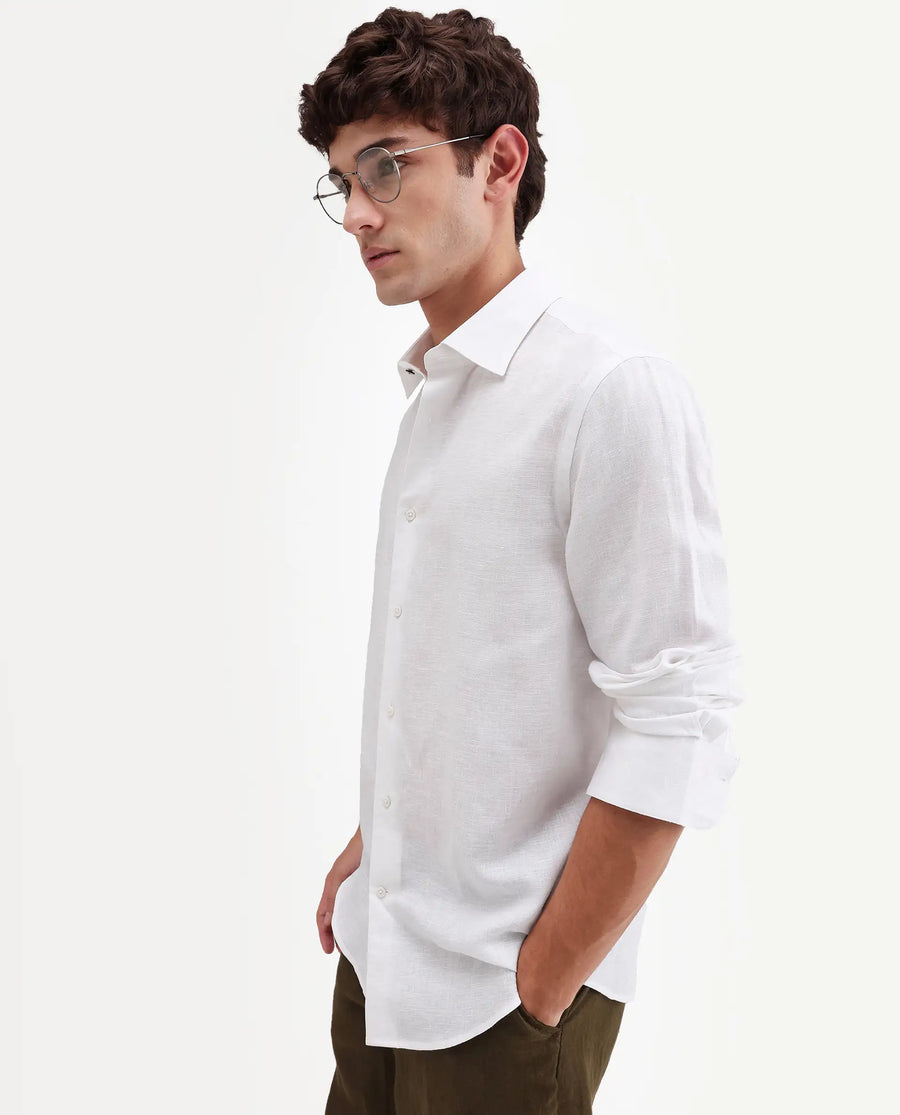 Rare Rabbit Men's Aeri-Fs White Linen Blend Fabric Full Sleeve Spread Collar Button Regular Plain Shirt