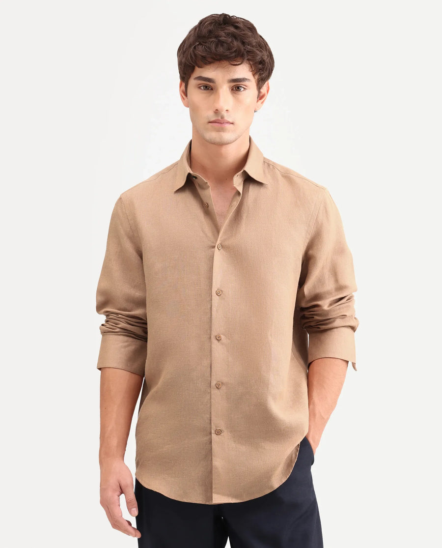Rare Rabbit Men's Aeri-Fs Light Brown Linen Blend Fabric Full Sleeve Spread Collar Button Regular Plain Shirt