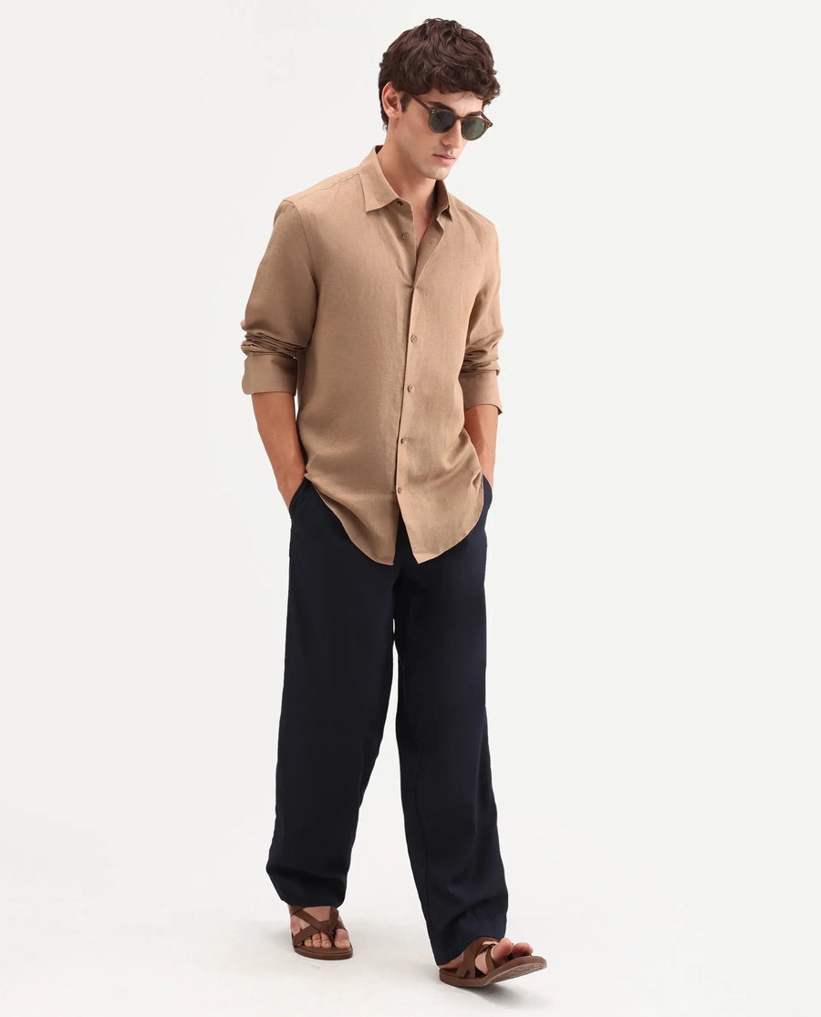 Rare Rabbit Men's Aeri-Fs Light Brown Linen Blend Fabric Full Sleeve Spread Collar Button Regular Plain Shirt
