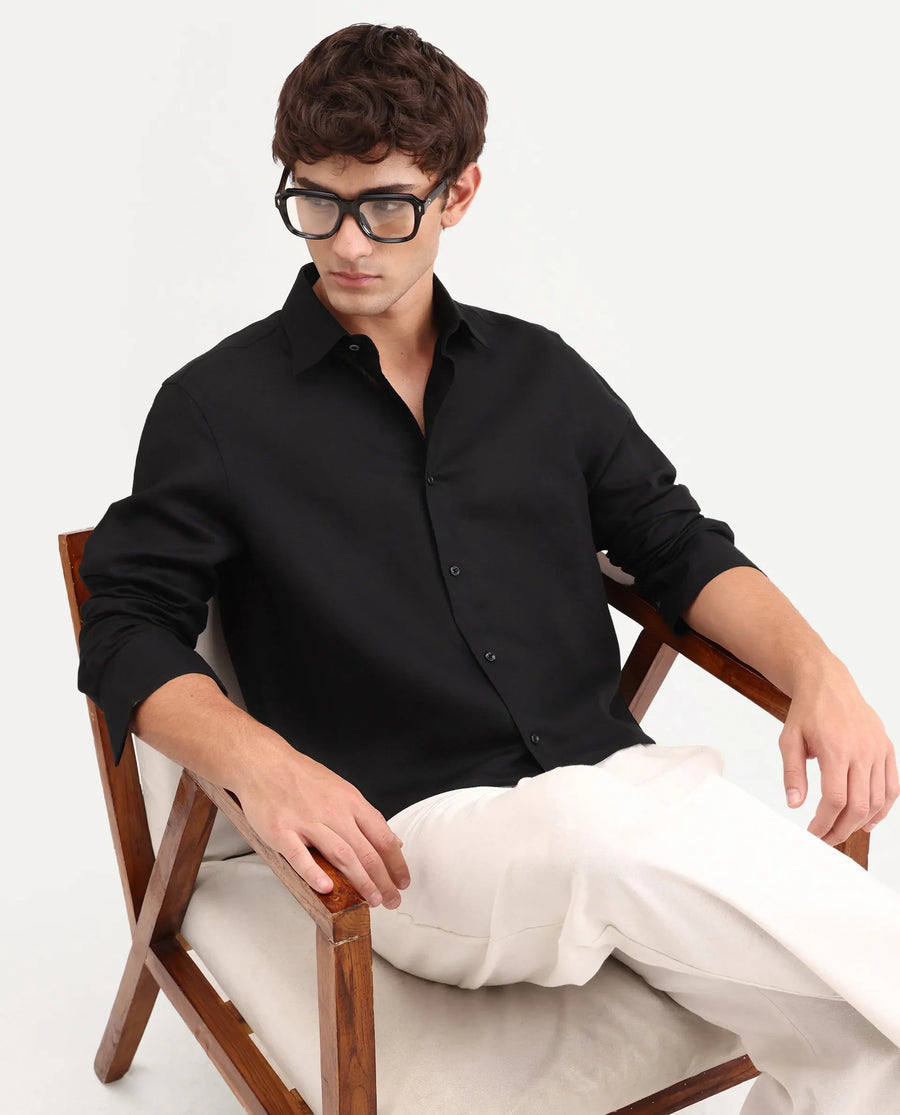 Rare Rabbit Men's Aeri-Fs Black Linen Blend Fabric Full Sleeve Spread Collar Button Regular Plain Shirt