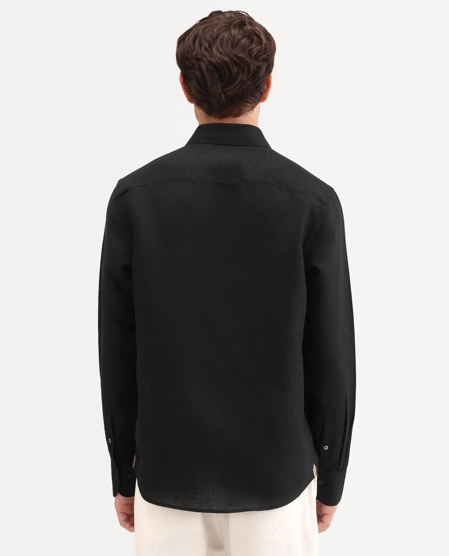 Rare Rabbit Men's Aeri-Fs Black Linen Blend Fabric Full Sleeve Spread Collar Button Regular Plain Shirt