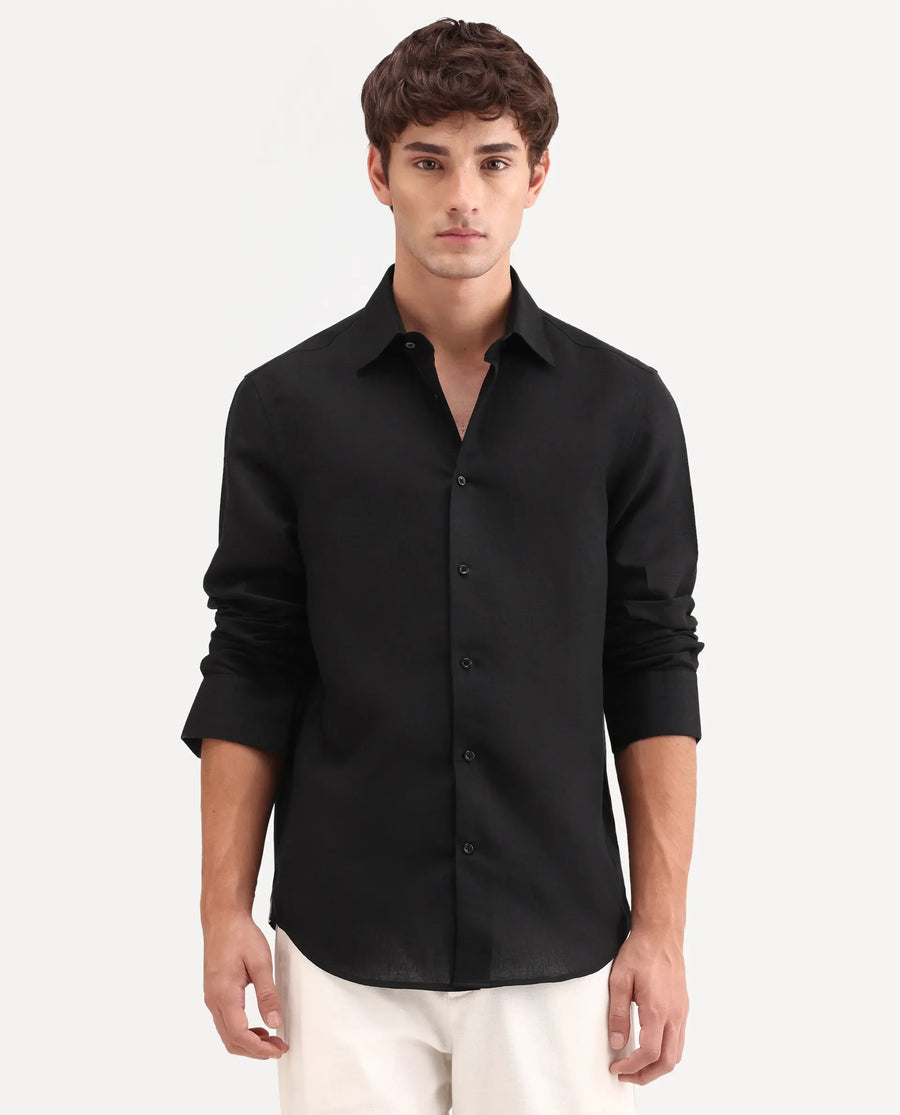 Rare Rabbit Men's Aeri-Fs Black Linen Blend Fabric Full Sleeve Spread Collar Button Regular Plain Shirt