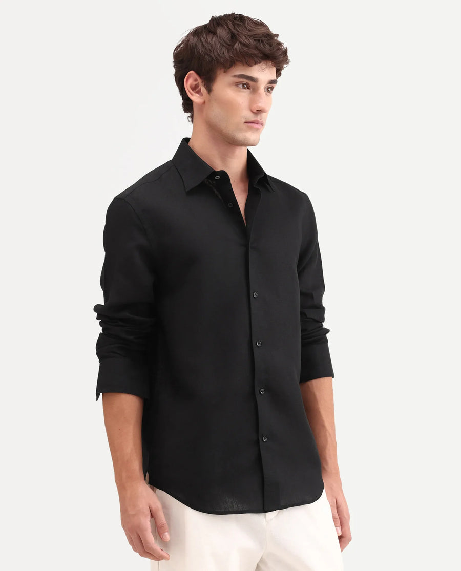 Rare Rabbit Men's Aeri-Fs Black Linen Blend Fabric Full Sleeve Spread Collar Button Regular Plain Shirt