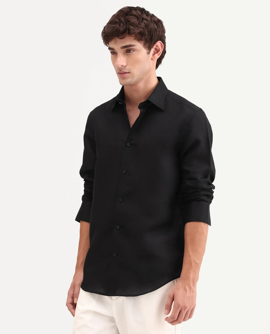Rare Rabbit Men's Aeri-Fs Black Linen Blend Fabric Full Sleeve Spread Collar Button Regular Plain Shirt