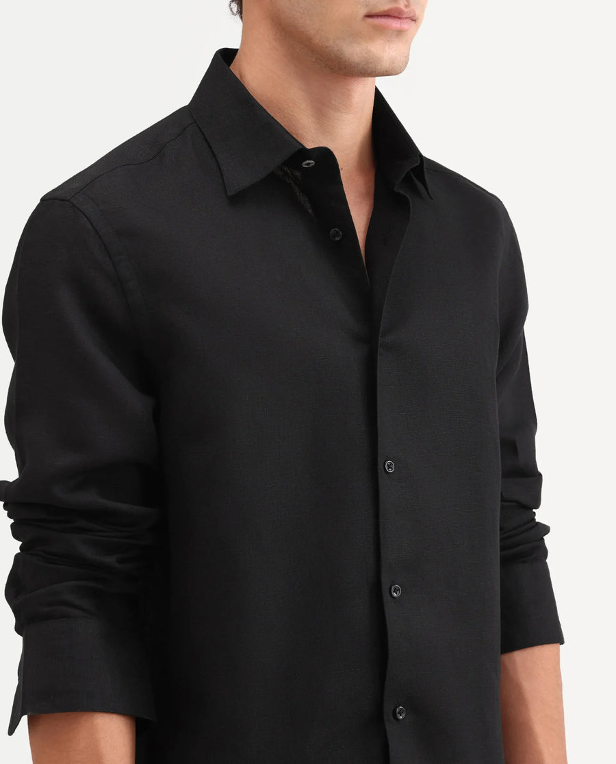 Rare Rabbit Men's Aeri-Fs Black Linen Blend Fabric Full Sleeve Spread Collar Button Regular Plain Shirt