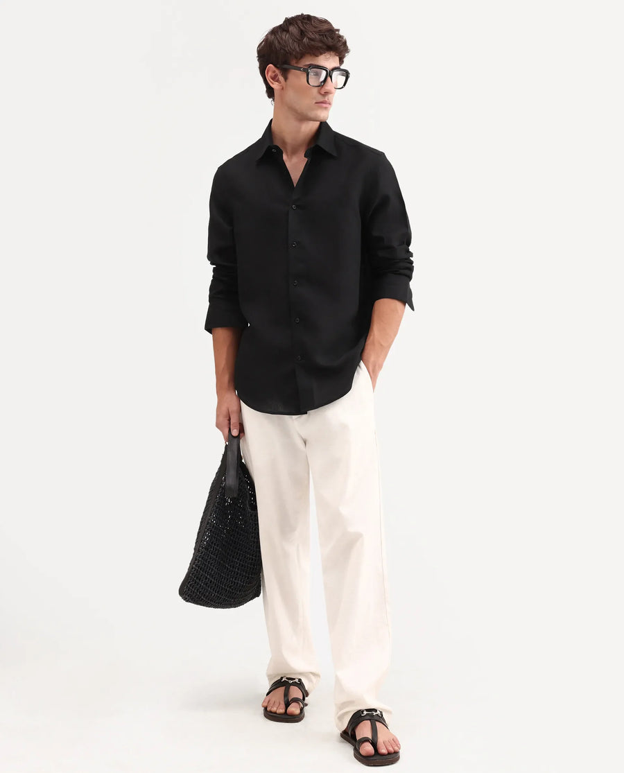 Rare Rabbit Men's Aeri-Fs Black Linen Blend Fabric Full Sleeve Spread Collar Button Regular Plain Shirt