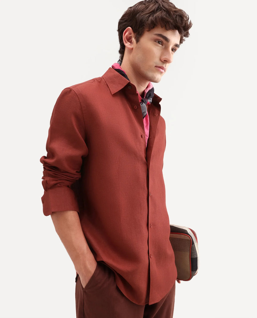 Rare Rabbit Men's Aeri-Fs Red Linen Blend Fabric Full Sleeve Spread Collar Button Regular Plain Shirt