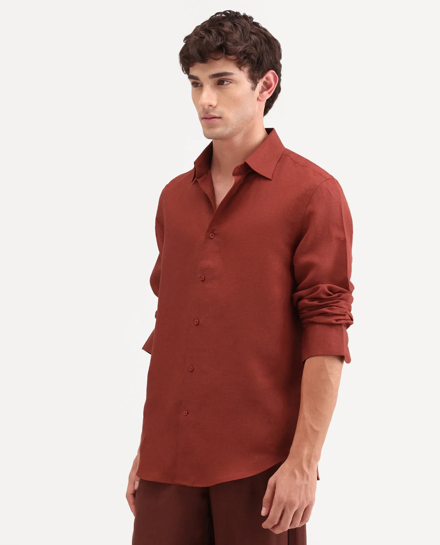 Rare Rabbit Men's Aeri-Fs Red Linen Blend Fabric Full Sleeve Spread Collar Button Regular Plain Shirt