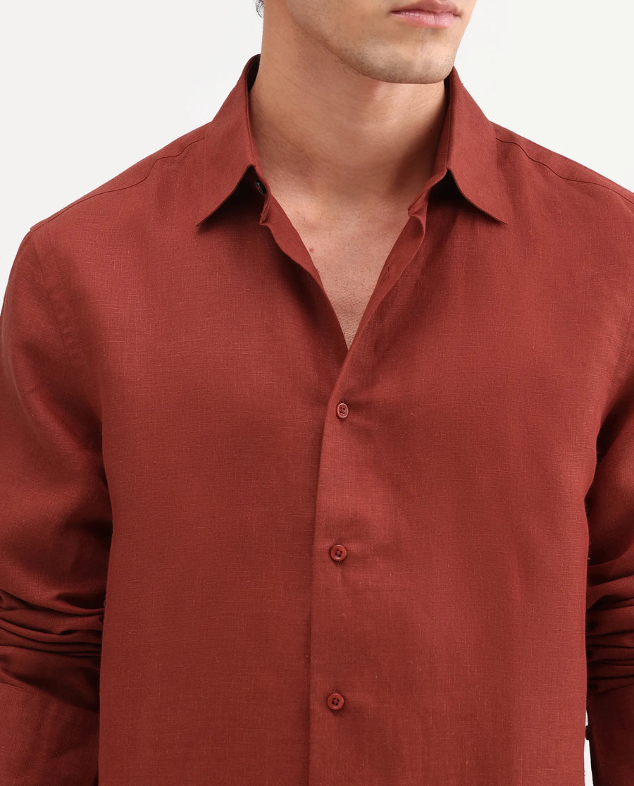 Rare Rabbit Men's Aeri-Fs Red Linen Blend Fabric Full Sleeve Spread Collar Button Regular Plain Shirt