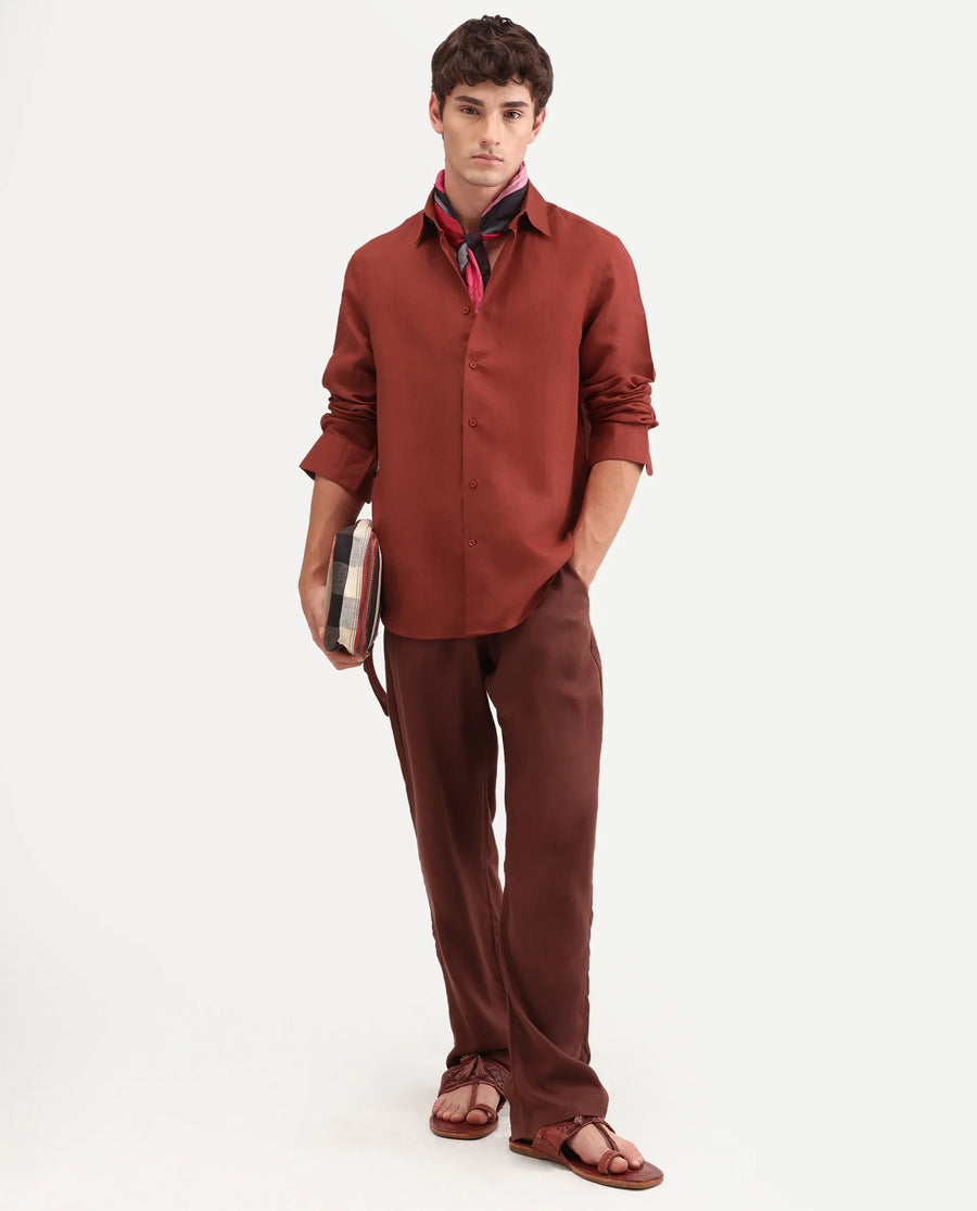 Rare Rabbit Men's Aeri-Fs Red Linen Blend Fabric Full Sleeve Spread Collar Button Regular Plain Shirt