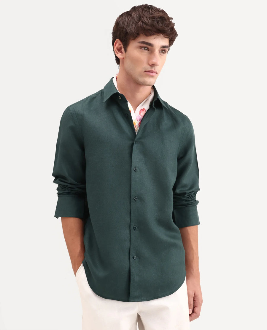 Rare Rabbit Men's Aeri-Fs Teal Linen Blend Fabric Full Sleeve Spread Collar Button Regular Plain Shirt