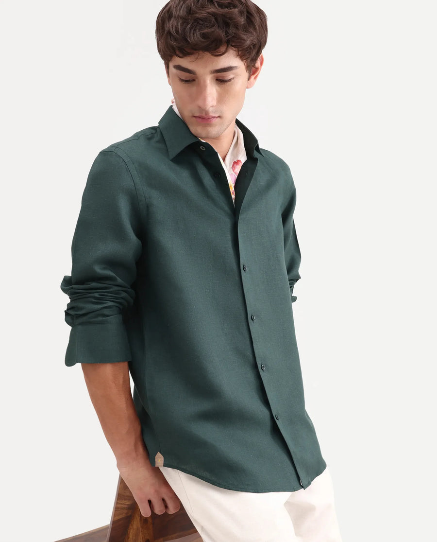 Rare Rabbit Men's Aeri-Fs Teal Linen Blend Fabric Full Sleeve Spread Collar Button Regular Plain Shirt