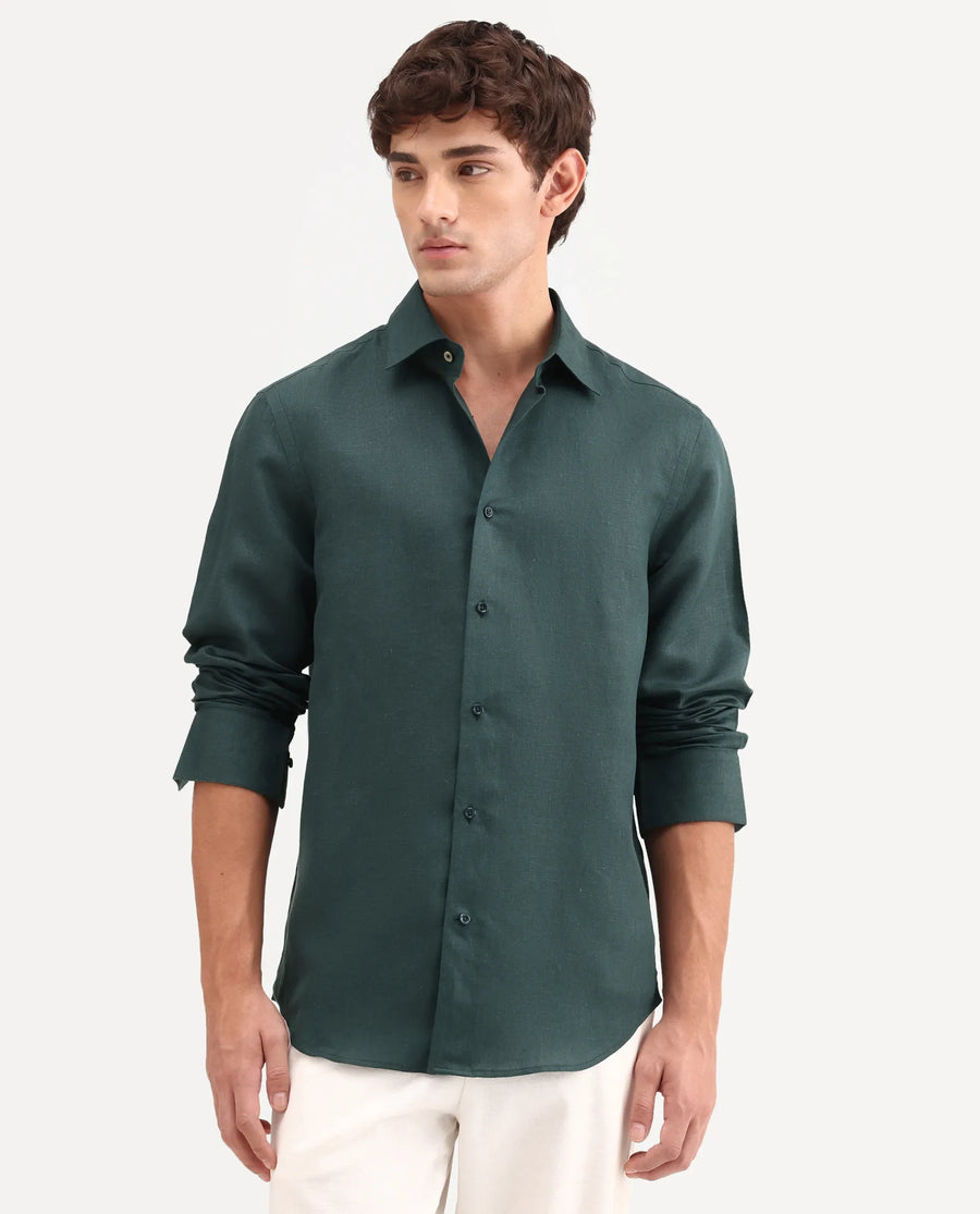 Rare Rabbit Men's Aeri-Fs Teal Linen Blend Fabric Full Sleeve Spread Collar Button Regular Plain Shirt
