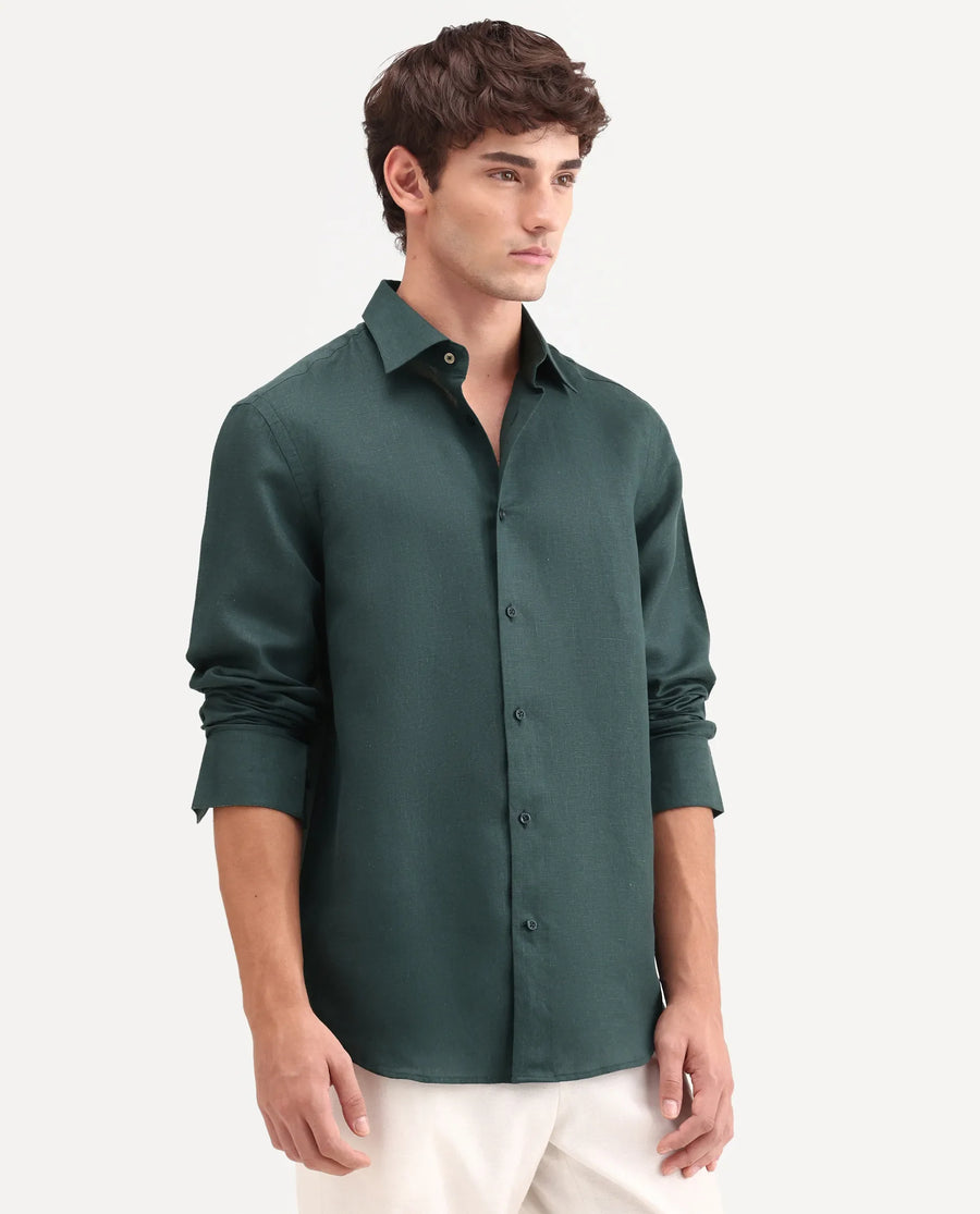 Rare Rabbit Men's Aeri-Fs Teal Linen Blend Fabric Full Sleeve Spread Collar Button Regular Plain Shirt