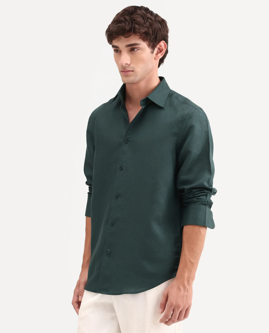 Rare Rabbit Men's Aeri-Fs Teal Linen Blend Fabric Full Sleeve Spread Collar Button Regular Plain Shirt