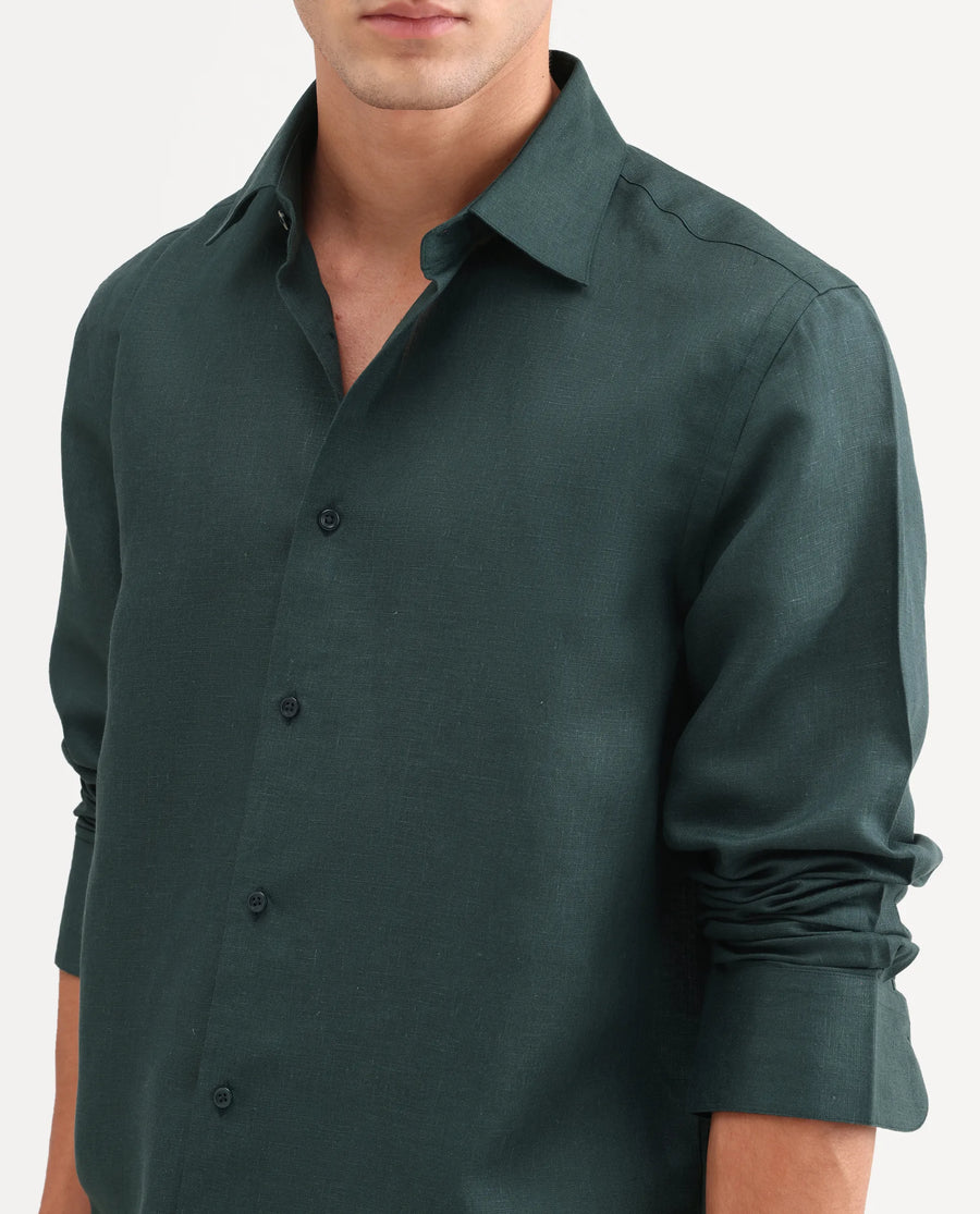 Rare Rabbit Men's Aeri-Fs Teal Linen Blend Fabric Full Sleeve Spread Collar Button Regular Plain Shirt