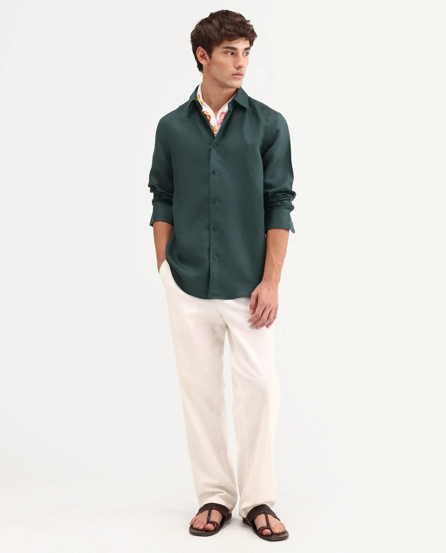 Rare Rabbit Men's Aeri-Fs Teal Linen Blend Fabric Full Sleeve Spread Collar Button Regular Plain Shirt