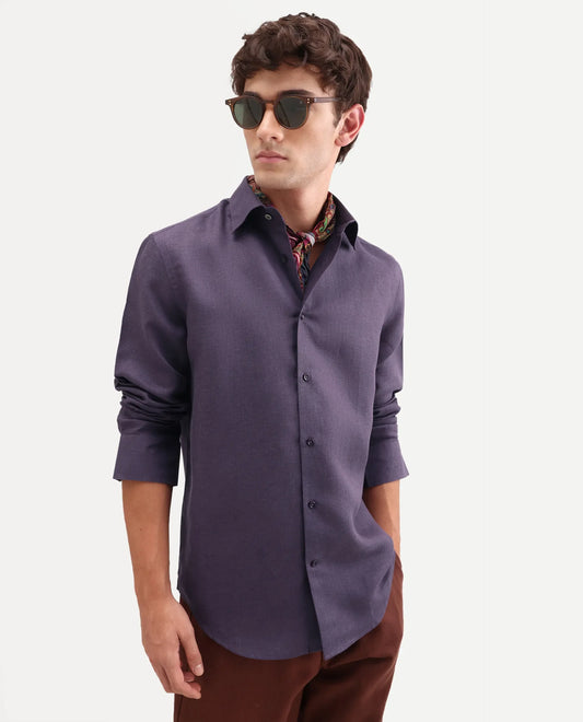 Rare Rabbit Men's Aeri-Fs Dark Purple Linen Blend Fabric Full Sleeve Spread Collar Button Regular Plain Shirt
