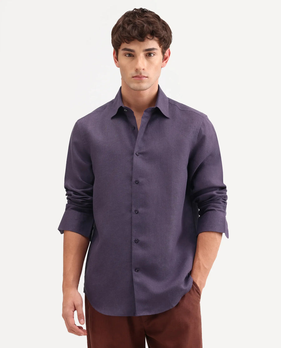 Rare Rabbit Men's Aeri-Fs Dark Purple Linen Blend Fabric Full Sleeve Spread Collar Button Regular Plain Shirt