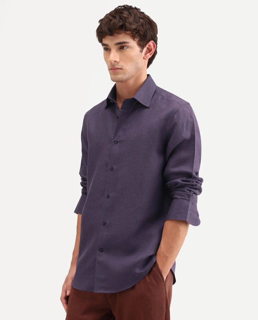 Rare Rabbit Men's Aeri-Fs Dark Purple Linen Blend Fabric Full Sleeve Spread Collar Button Regular Plain Shirt