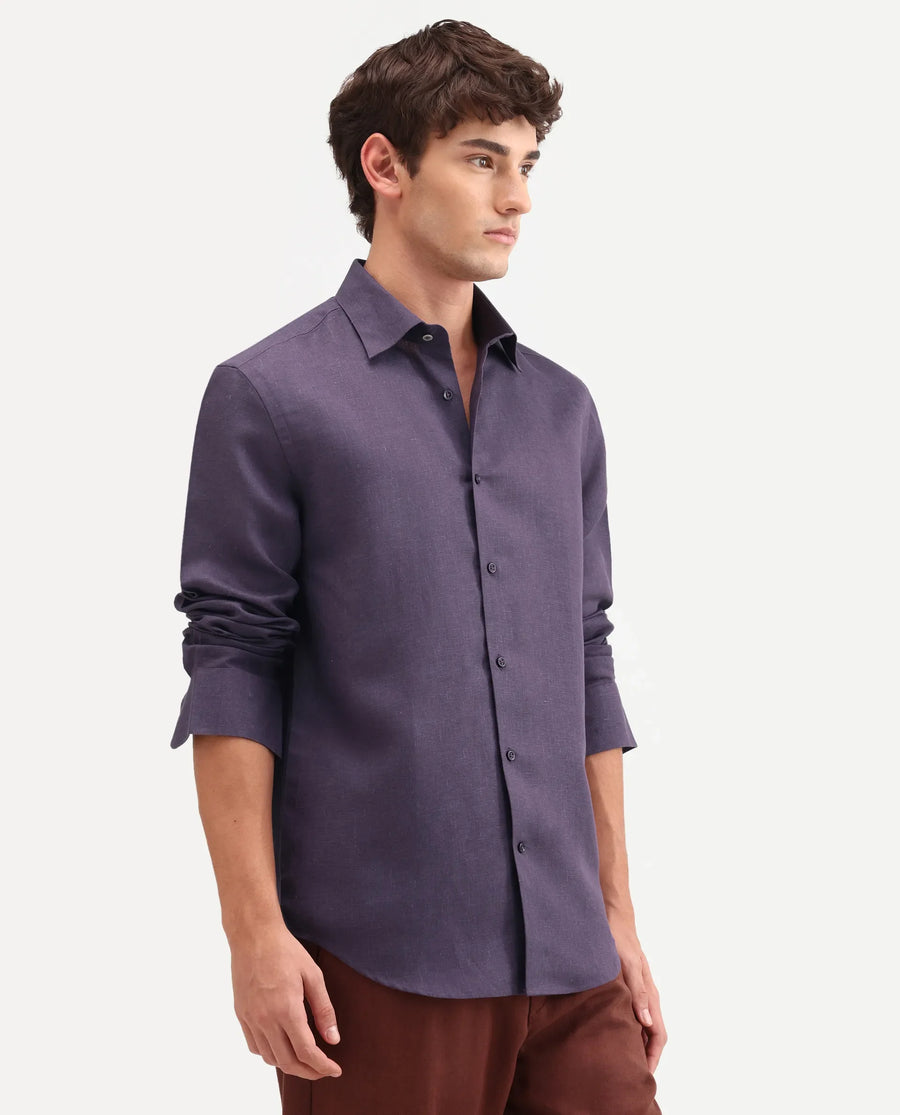 Rare Rabbit Men's Aeri-Fs Dark Purple Linen Blend Fabric Full Sleeve Spread Collar Button Regular Plain Shirt