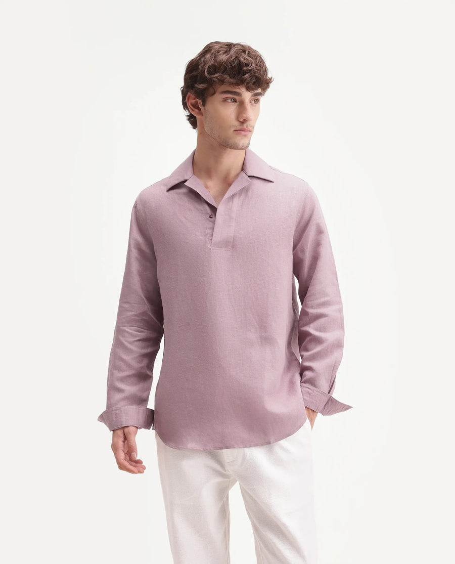 Rare Rabbit Men's Aerik Dusky Pink Linen Blend Fabric Full Sleeve Spread Collar Button Regular Plain Shirt