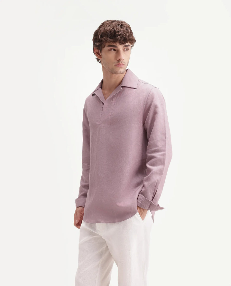 Rare Rabbit Men's Aerik Dusky Pink Linen Blend Fabric Full Sleeve Spread Collar Button Regular Plain Shirt