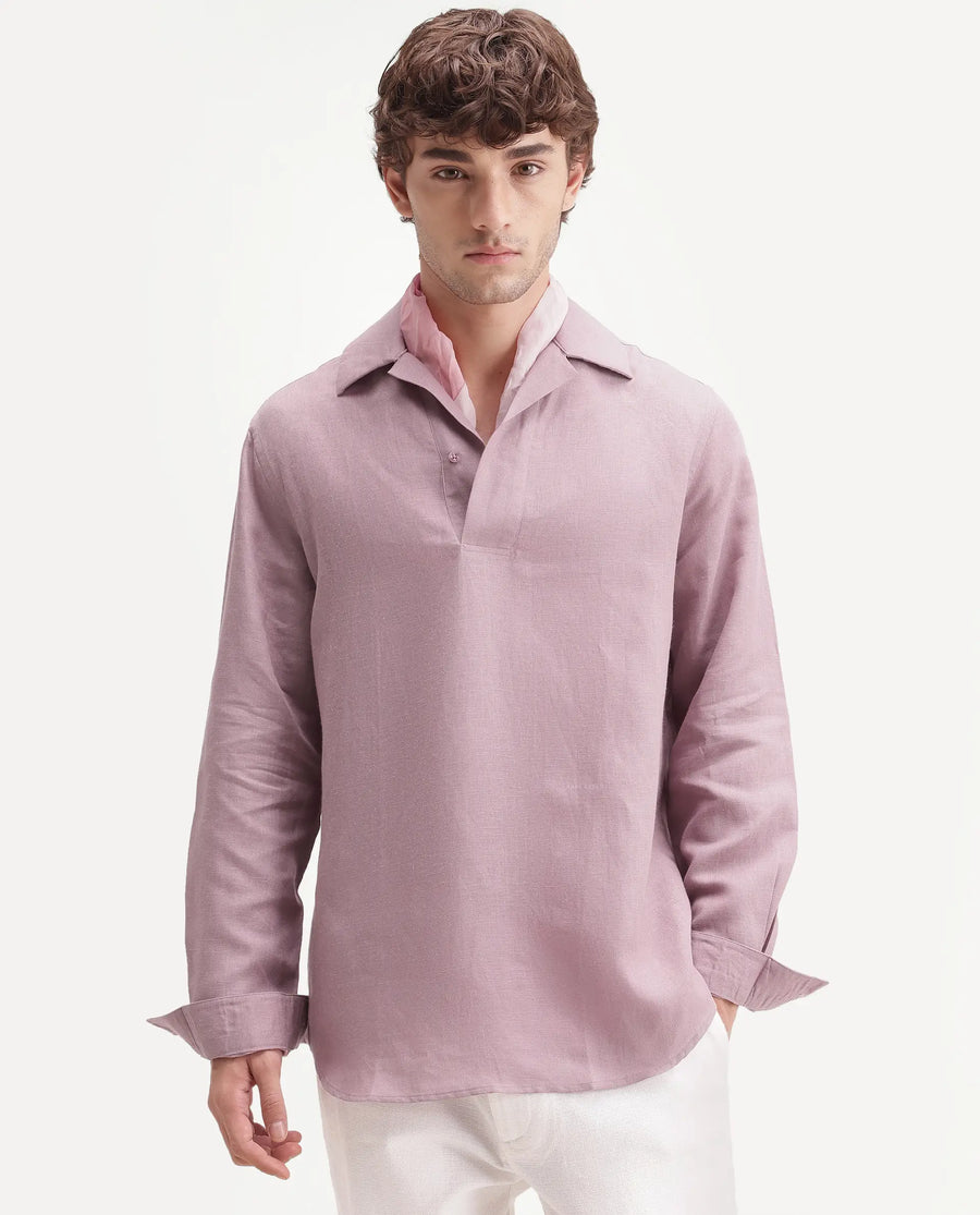 Rare Rabbit Men's Aerik Dusky Pink Linen Blend Fabric Full Sleeve Spread Collar Button Regular Plain Shirt