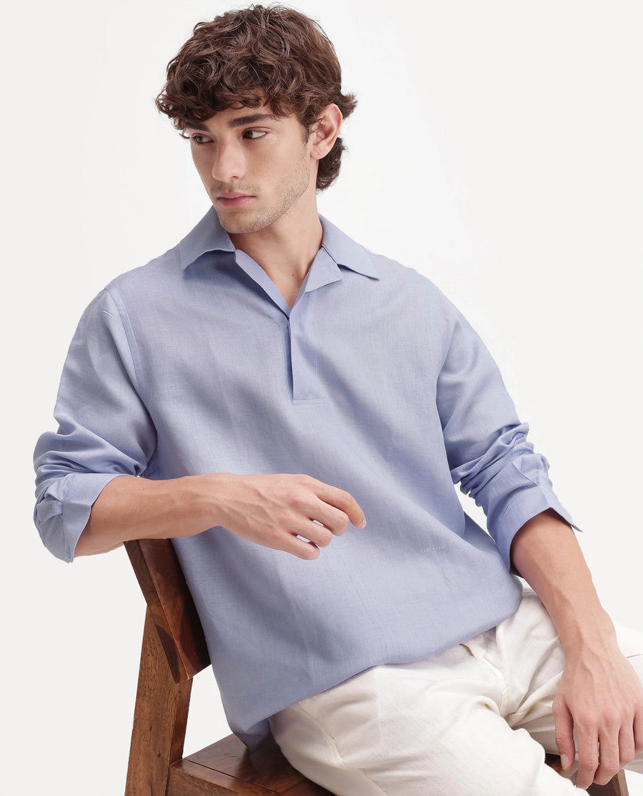 Rare Rabbit Men's Aerik Light Purple Linen Blend Fabric Full Sleeve Cuban Collar Button Regular Plain Shirt