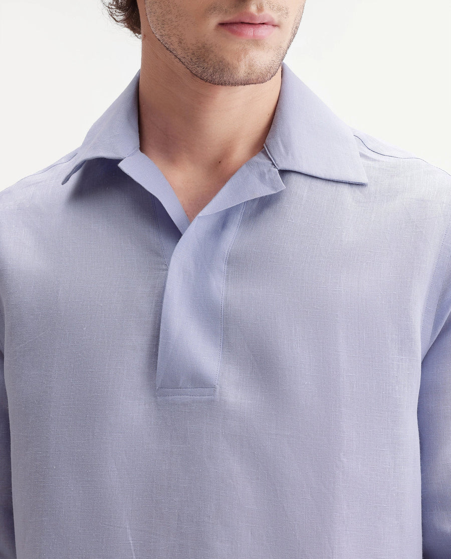 Rare Rabbit Men's Aerik Light Purple Linen Blend Fabric Full Sleeve Cuban Collar Button Regular Plain Shirt