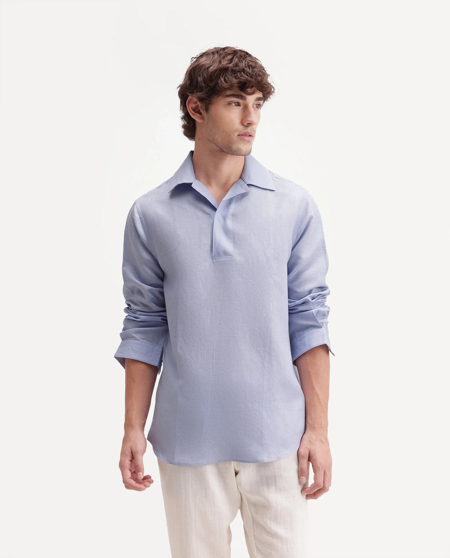Rare Rabbit Men's Aerik Light Purple Linen Blend Fabric Full Sleeve Cuban Collar Button Regular Plain Shirt